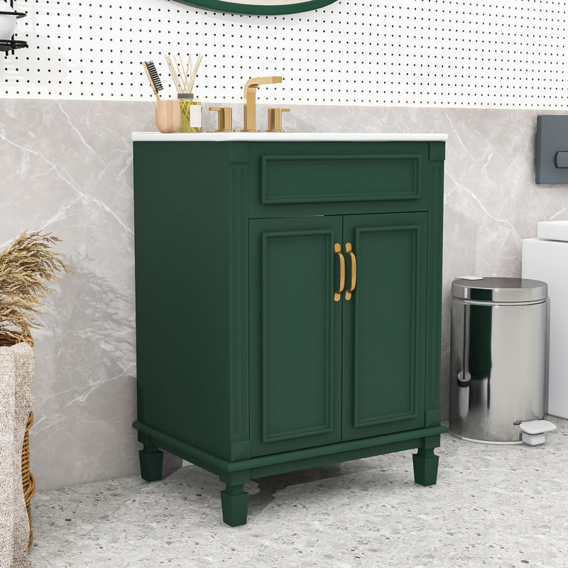 Meuble-lavabo moderne avec lavabo en céramique, tablette réglable et 2 portes à fermeture douce, Vert