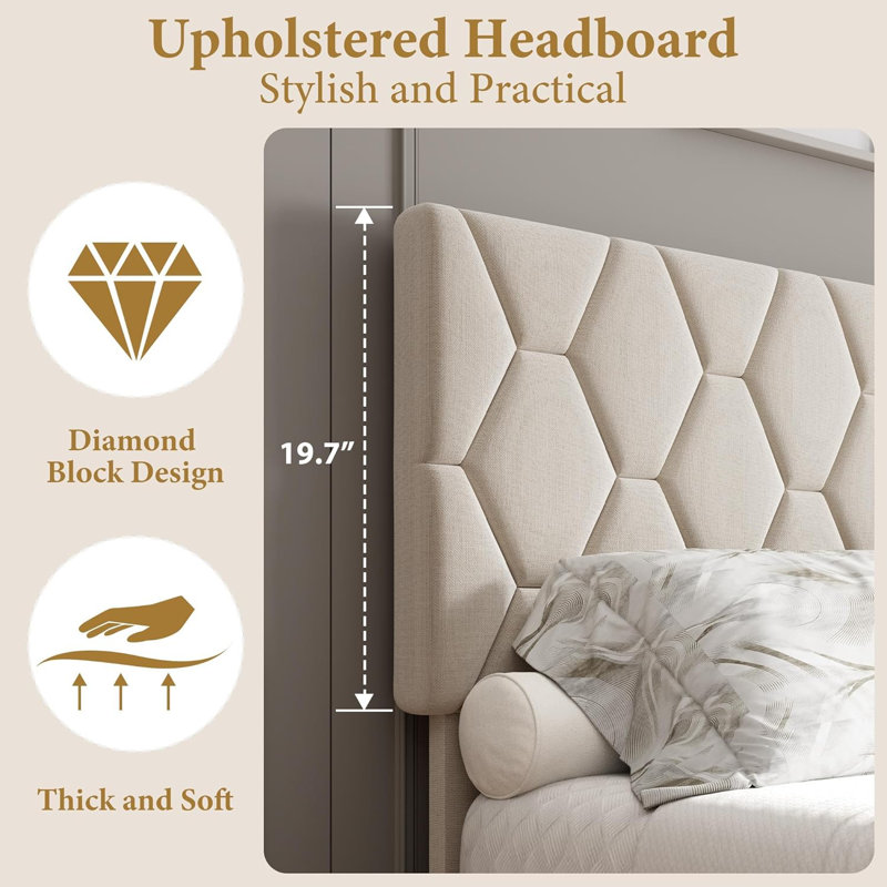 Base de lit plateforme robuste avec tête de lit en tissu réglable en hauteur, Beige, Lit simple