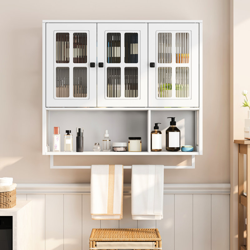 Armoire murale à 3 portes, porte en verre blanc, barre à serviettes, design moderne, verre trempé, style maison facile à assembler,