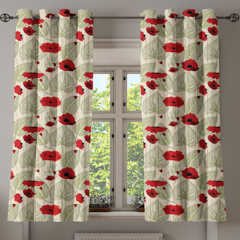 East Urban Home Poppy Flower Grommet Curtain Decorative 2-Panel Window Drapes, 50", Grey Red Beige, 50" W x 63" L