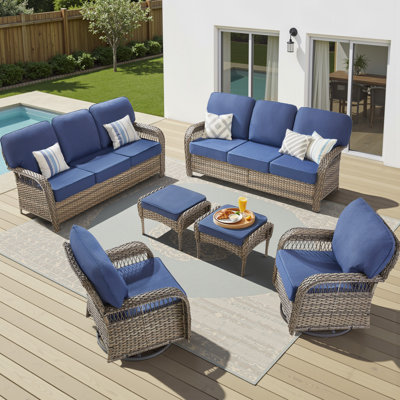 6-Piece Outdoor Rattan Furniture Set, 2 Weather-Resistant Rattan Sofa, 2 Swivel Glider Chairs With T-Shaped Backrest, And 2 Versatile Ottomans For Patio, Garden, Poolside & Backyard