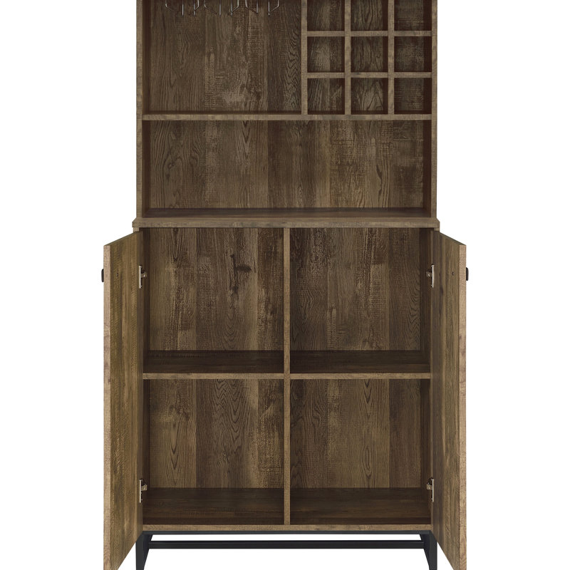 2-Doors Wine Cabinet With Rustic Oak Finish, Herringbone Design, Storage, , And Industrial Accents For Dining Room Modern Vintage Elements, Front, Rack, Stemware
