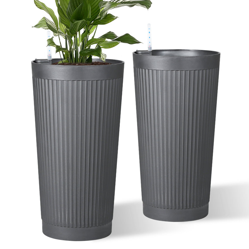 Grand pot de fleurs rond de 24 po de hauteur, pot de fleurs en plastique très grand rayé pour plantes d'intérieur et d'extérieur, pot de fleurs décoratif pour patio, porche et décoration intérieure