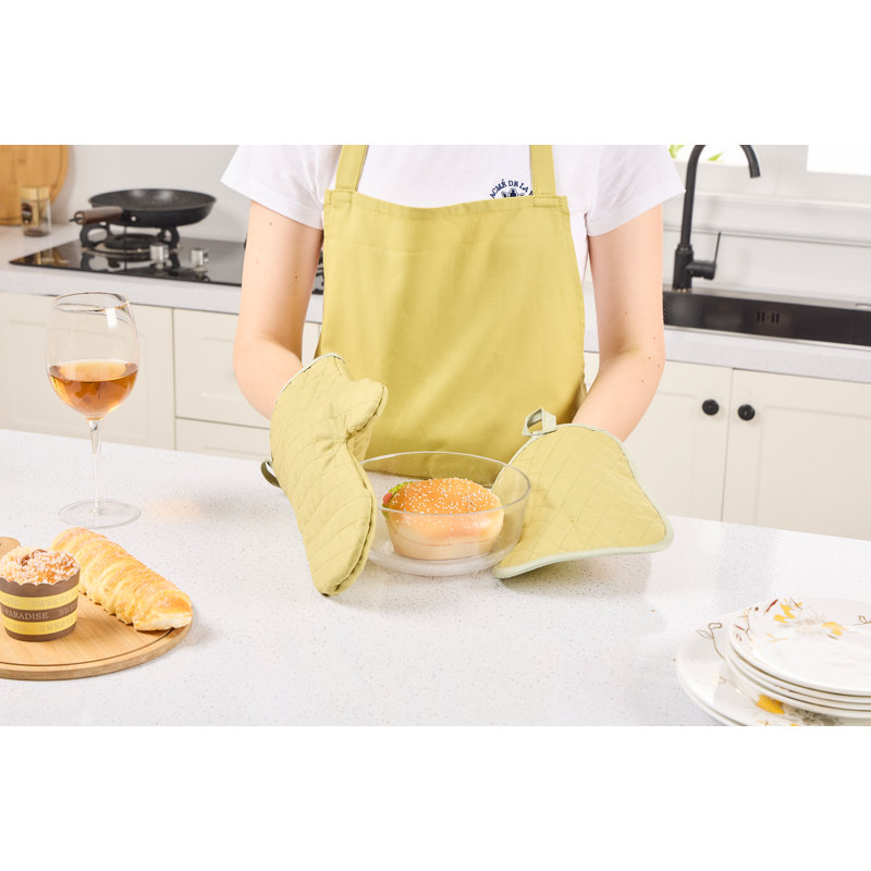 Waterproof Linen Cotton Apron Set With Heat-Resistant Hot Pads And Oven Mitt, Green