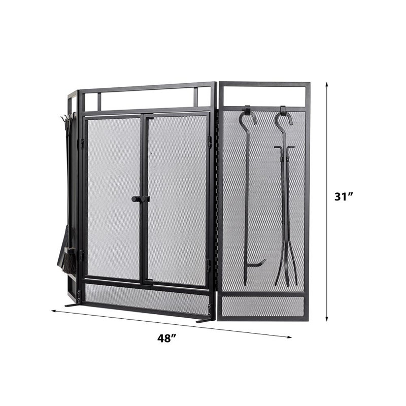 Kern River Three-Panel Mesh Fireplace Screen with Tool Set