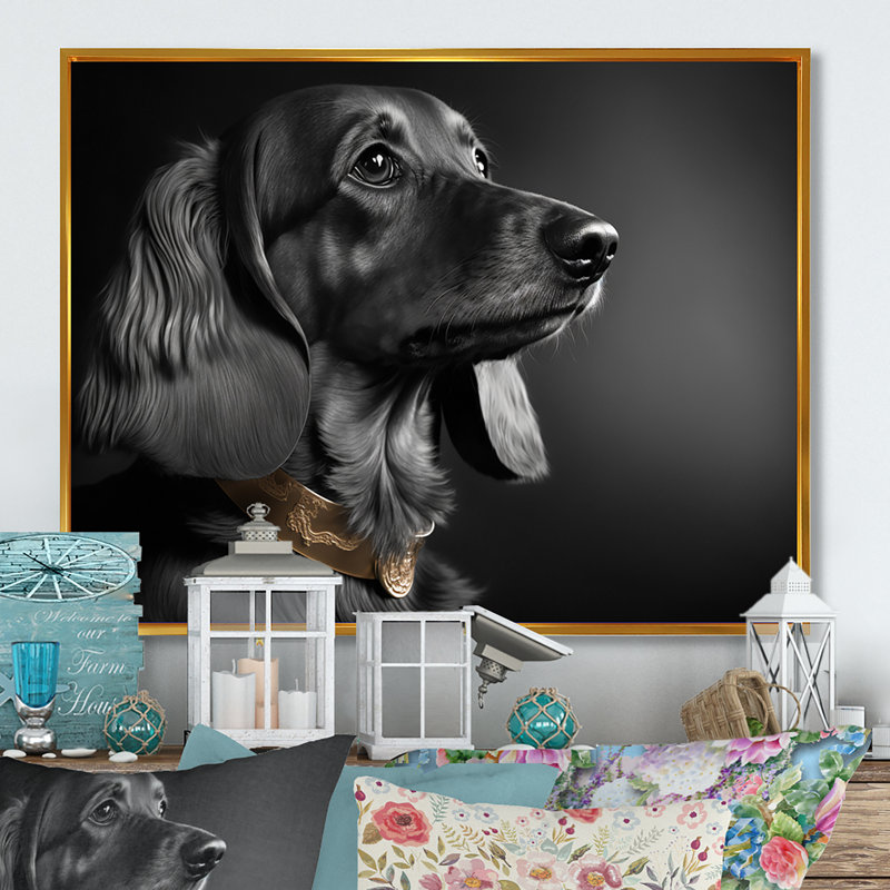 «Moriel Portrait Of A Black Glam Dachshund VII», reproduction sur toile, L 40 po x H 30 po, Toile avec cadre flottant or
