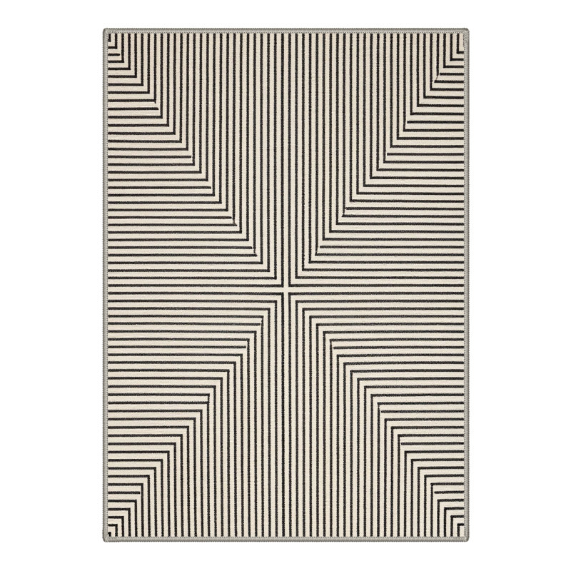 Coady Aura Geometric Stripes Machine Washable Biege / Black Indoor Area Rug with Non-Slip Backing, Rectangle 8' x 10'