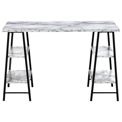Bureau de style industriel avec 4 tablettes - l 48 po en stratifié de marbre blanc et pieds en métal noir, rangement pour bureau à domicile en métal, longueur 48 po, peu encombrant