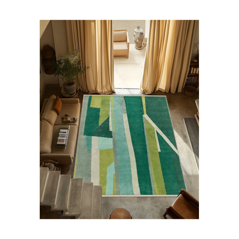 Tapis décoratif vert à motif géométrique abstrait à motif géométrique, Sous-tapis rectangulaire 5 pi 1 po x 7 pi 7 po inc
