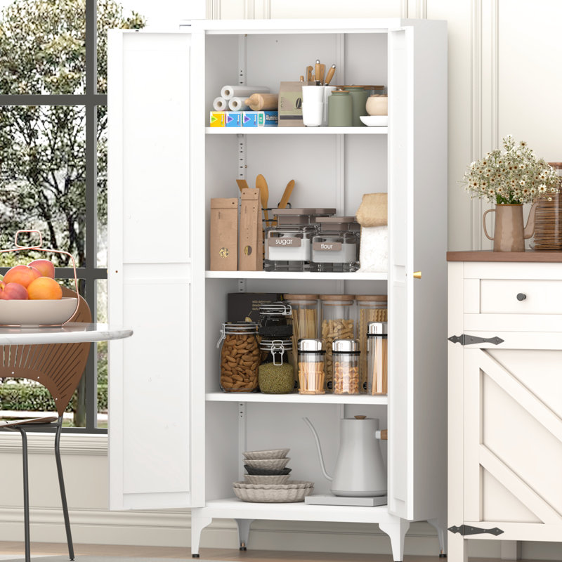 Armoire de rangement en métal à 2 portes avec tablettes réglables, quatre pieds pour plus de stabilité, profondeur de 64,65 po, couleur blanche, garde-manger à faible entretien