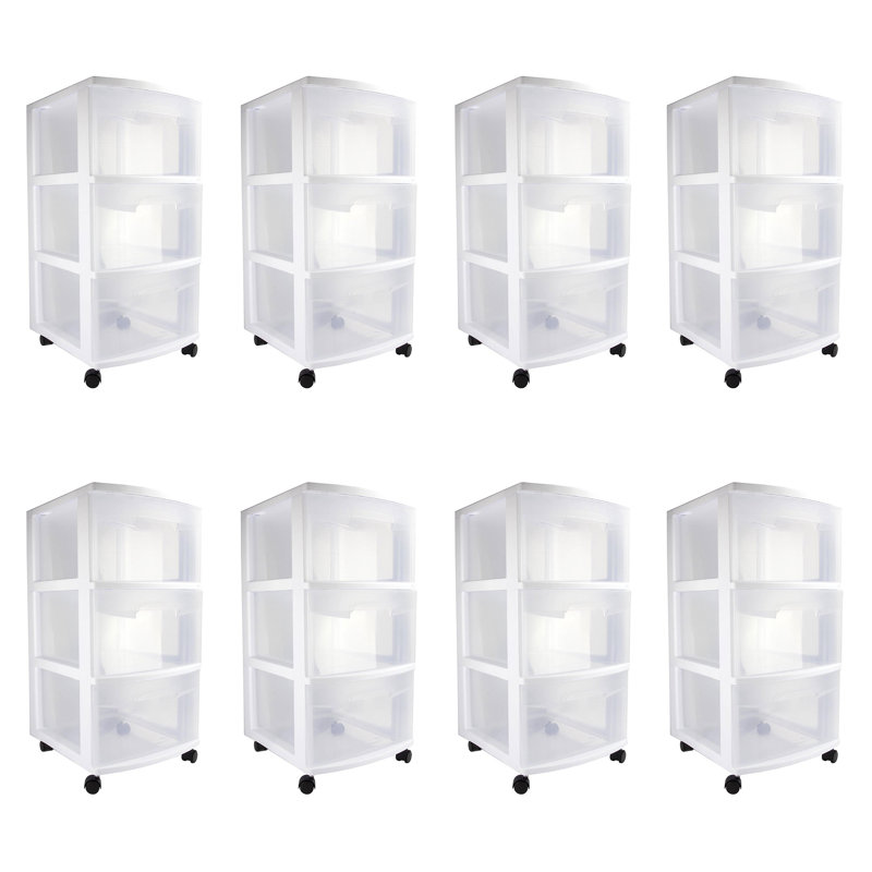 Sterilite 3 Drawer Storage Cart, Plastic Rolling Cart with Wheels to Organize Clothes in Bedroom, Closet, White, 8 Pack