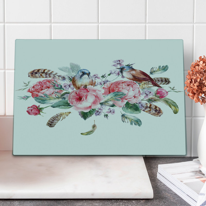 Ambesonne Flowers Cutting Board Large Size Vintage Roses Birds Coral and Reseda Green