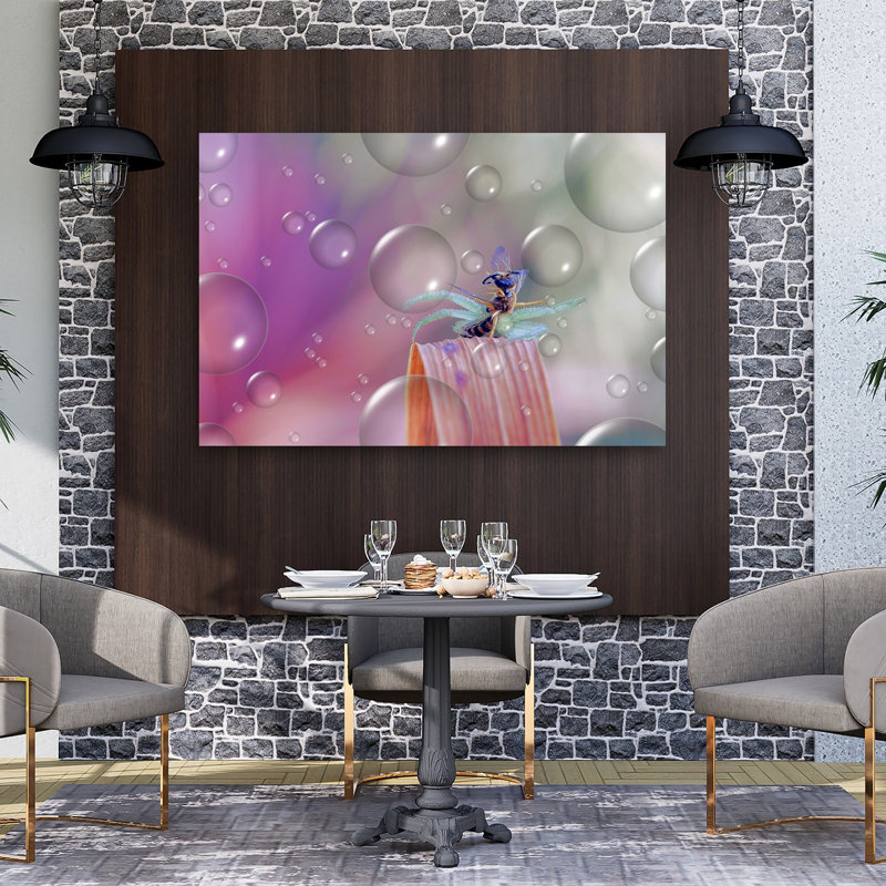 Wasp In Dreamy Bubbles Colorful Delicate Dreamy Bee Nature Plant Wall Art Print 1 Piece Wrapped Canvas Wall Art