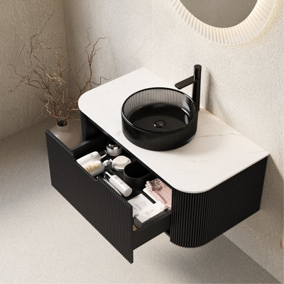 Meuble-lavabo rond transparent noir dans un meuble-lavabo de 36 po, rangement mural à rayures 3D, meuble-lavabo pré-assemblé avec meuble, cuve en verre, tiroir,