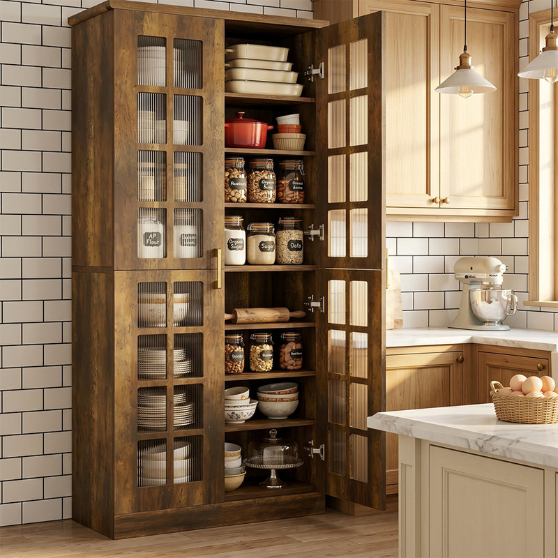 Garde-manger industriel rustique à 8 tablettes, rangement de cuisine à porte vitrée avec séparateurs mobiles