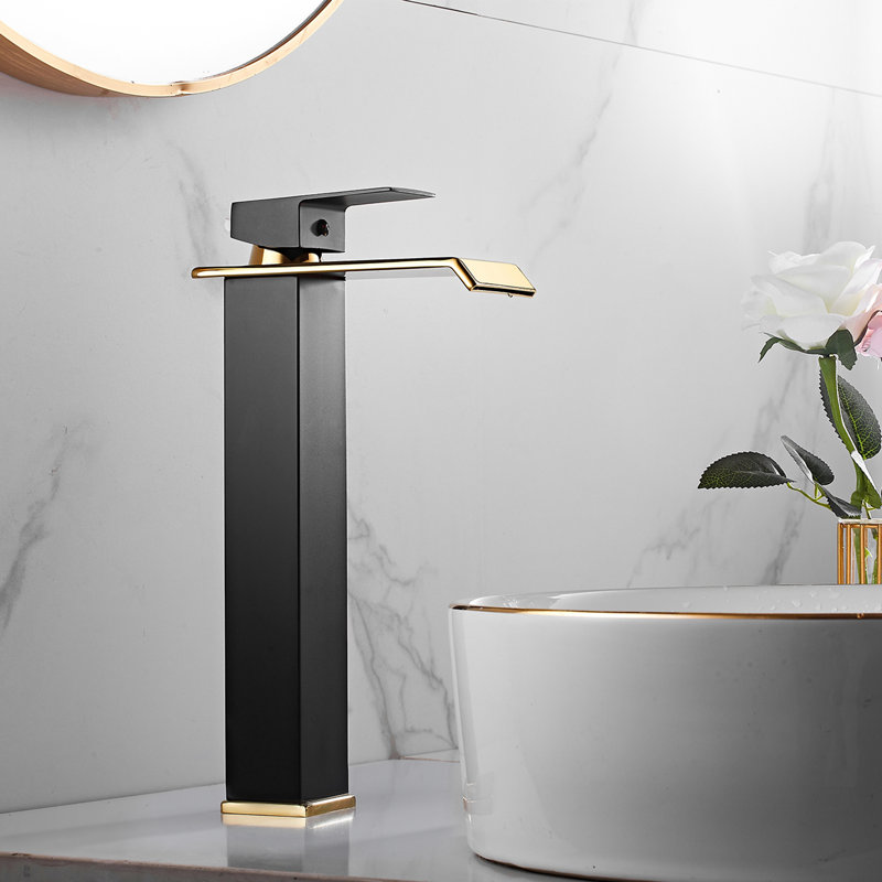Waterfall Vessel Sink Faucet One Hole Bathroom Faucet with Drain Assembly, Black/Gold