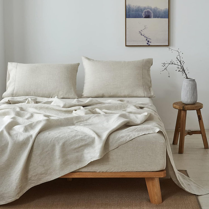 100% French Linen Sheet Set Handmade Hemstitch-4 Pcs Natural Flax Farmhouse Bed Sheets(1 Flat Sheet 1 Fitted Sheet 2 Pillowcases)