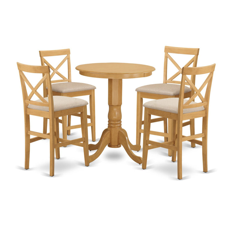 Ensemble bistro 5 pièces à hauteur de comptoir comprenant une table de salle à manger ronde avec piédestal et 4 chaises de cuisine en lin, chêne