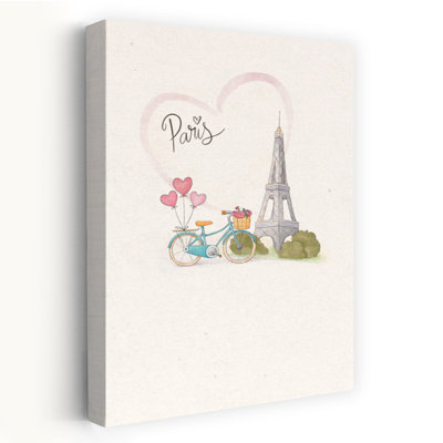 Affiche murale romantique et fantaisiste à vélo parisien, représentant une ville et des fleurs abstraites.