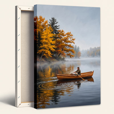 Man Rowing Wooden Canoe on Misty Lake with Golden Autumn Canvas Wall Art