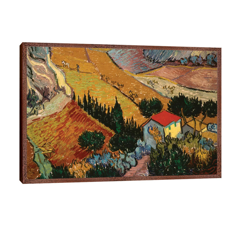 Landscape With House And Ploughman, 1889 by Vincent Van Gogh - Floater Frame Painting on Canvas, Brown Framed