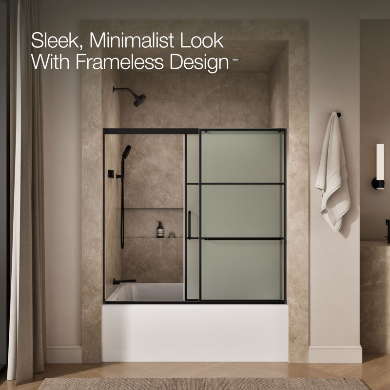 Elate Sliding Bath Door, 56-3/4-In H X 56-1/4 - 59-5/8-In W With Heavy 5/16-In Thick Frosted Glass With Rectangular Grille Pattern