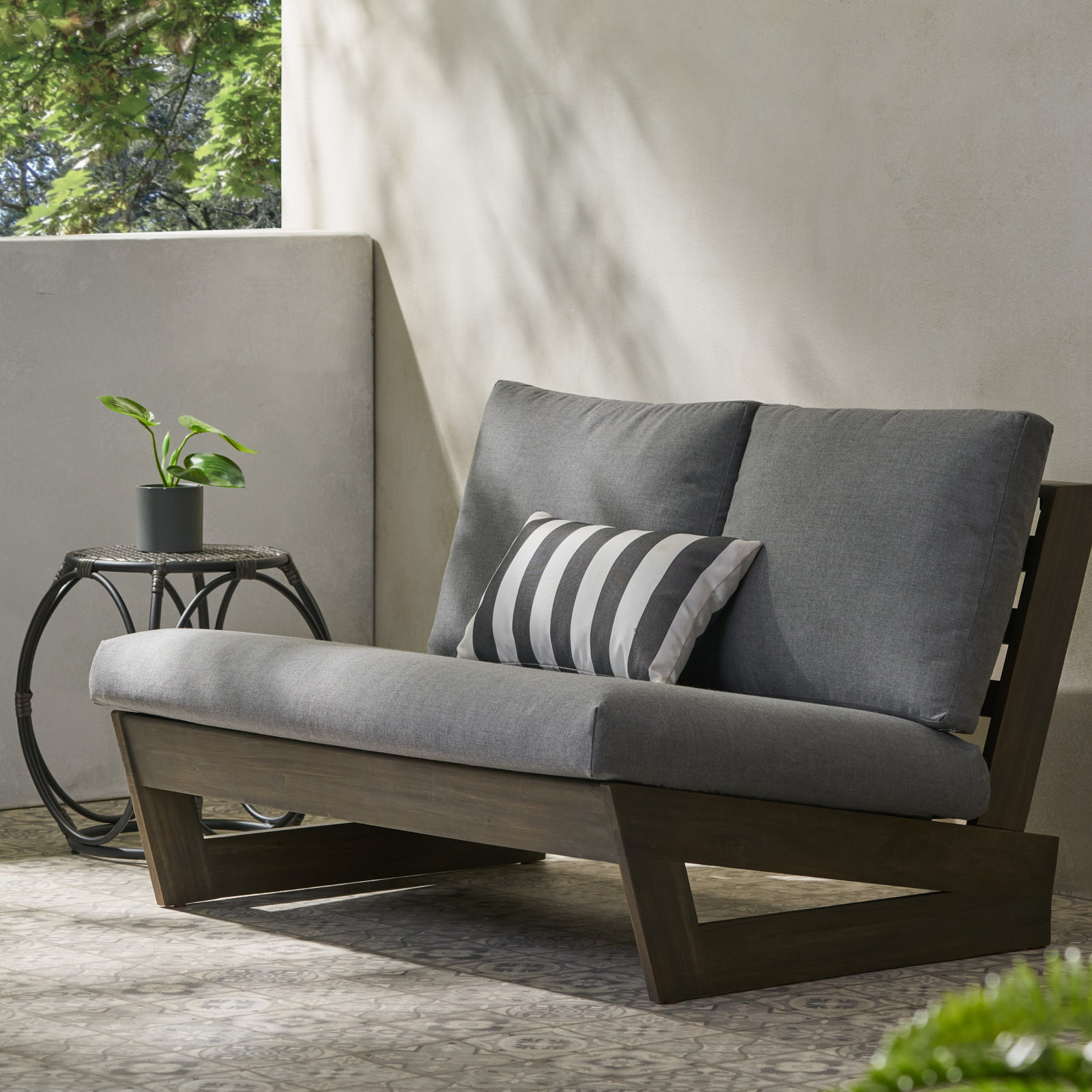 Louise 43" Acacia Outdoor Sofa with Sunbrella Cushions, Gray Frame/Cast Slate Cushion