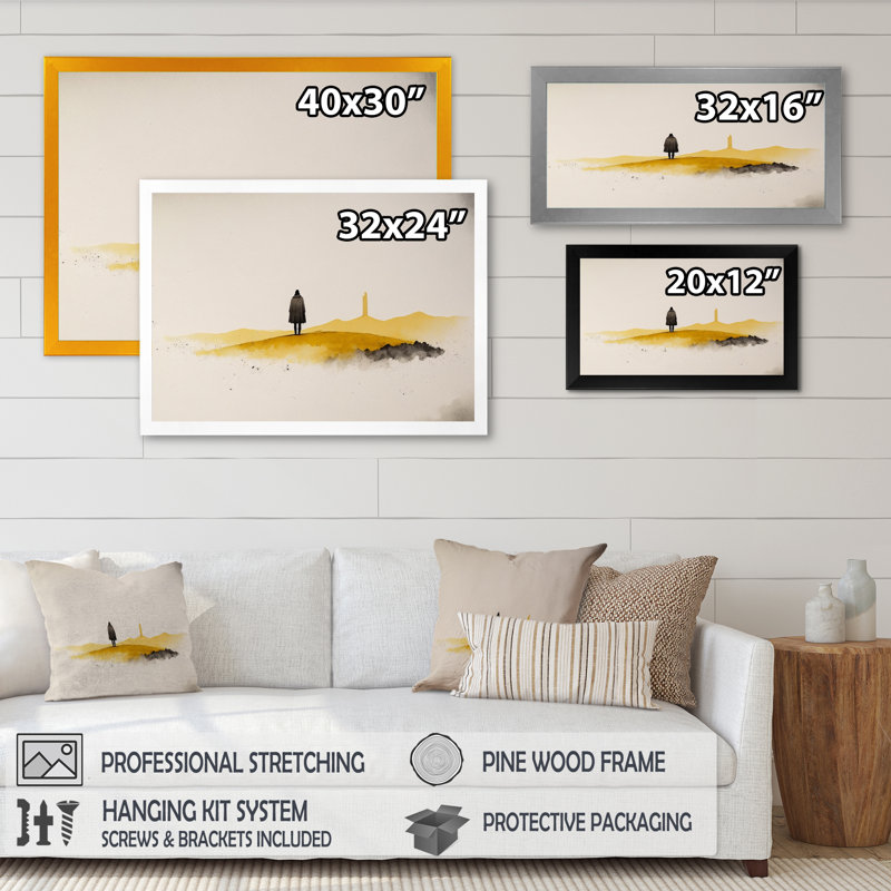 Solitude en jaune moutarde et gris - reproduction sur toile, Impression noire sur toile encadrée, H 12 po x l 20 po x P 1 po