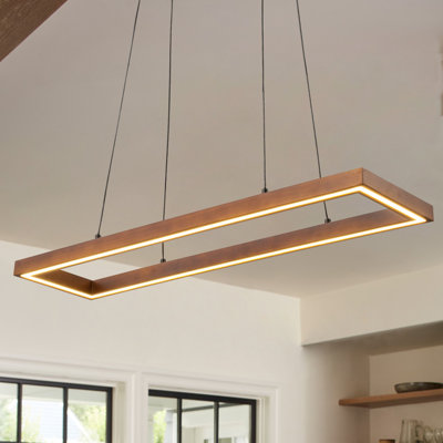 1-Light Modern Farmhouse Walnut Finished Rectangular LED Pendant Light for Kitchen Islands and Living Areas