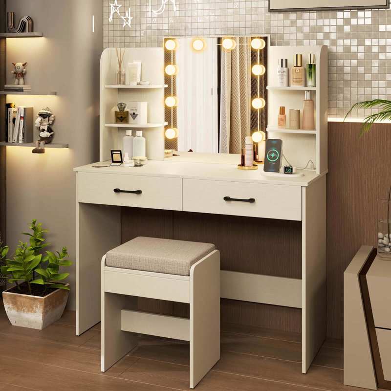 Makeup Vanity Desk With Lighted Mirror Charging Station 3-color Dimmable Led Lights , White