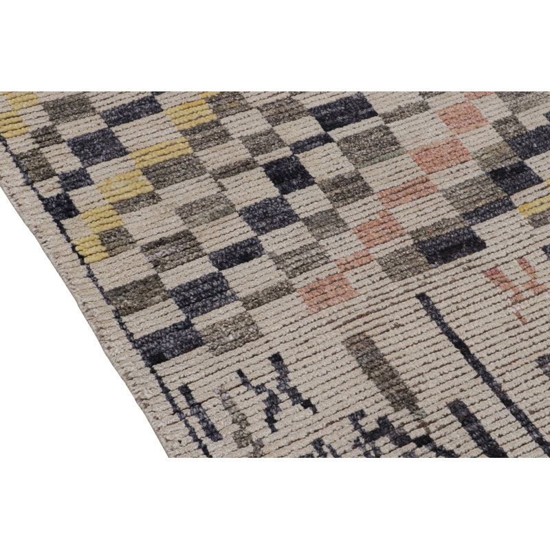Rug & Kilim’S Moroccan Rug In White With Black And Gold Geometric Pattern, Rectangle 5' x 8'