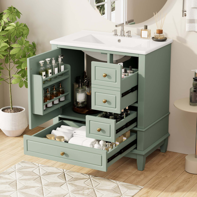 30" Bathroom Vanity With Sink, One Door With Shelf And Three Drawers, Soft Close Door, Light Green/Gold