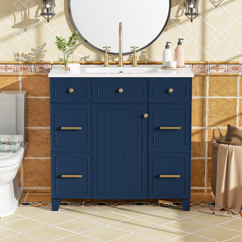 Meuble-lavabo 36 po avec lavabo en céramique, Bleu