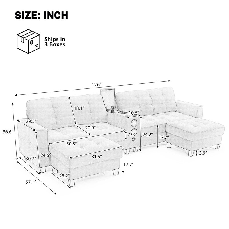 Modern Sectional Sofa with Multi-Functional Console and Bluetooth Speakers, Light Gray