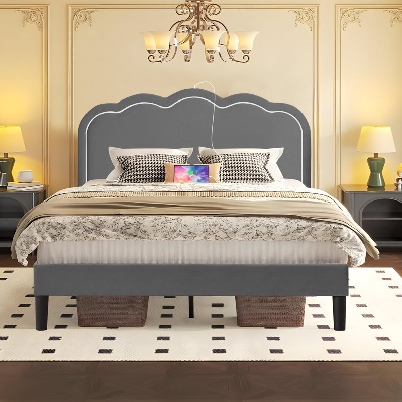 Full Size Bed Frame with LED Light and Charging Station, Platform Bed with Upholstered Headboard, No Box Spring Needed, Gray