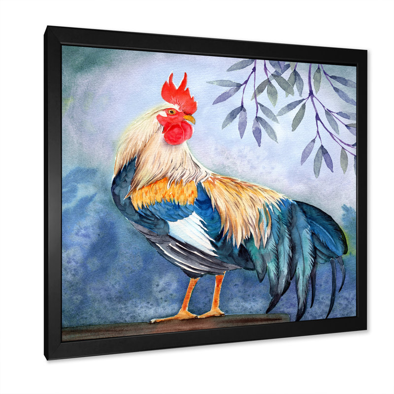 Coq coloré, longue queue émeraude, coq rouge - reproduction d'art sur toile traditionnelle, H 36 po x l 36 po x P 1 po