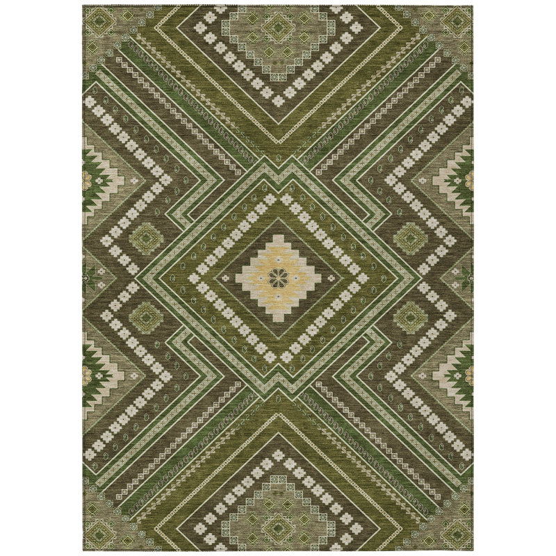 Olive and Beige Synthetic Washable Rectangular Rug