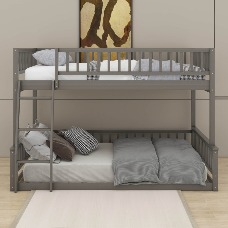 Full XL Over Queen Bunk Bed With Guardrails And Ladder, Gray
