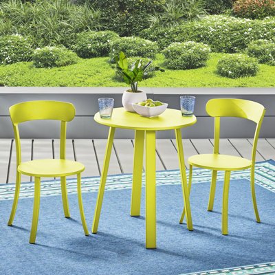 Bistro d'extérieur lime mat, fabrication artisanale en fer, élégant avec 2 chaises et une table thermolaquée, lieu de rencontre élégant