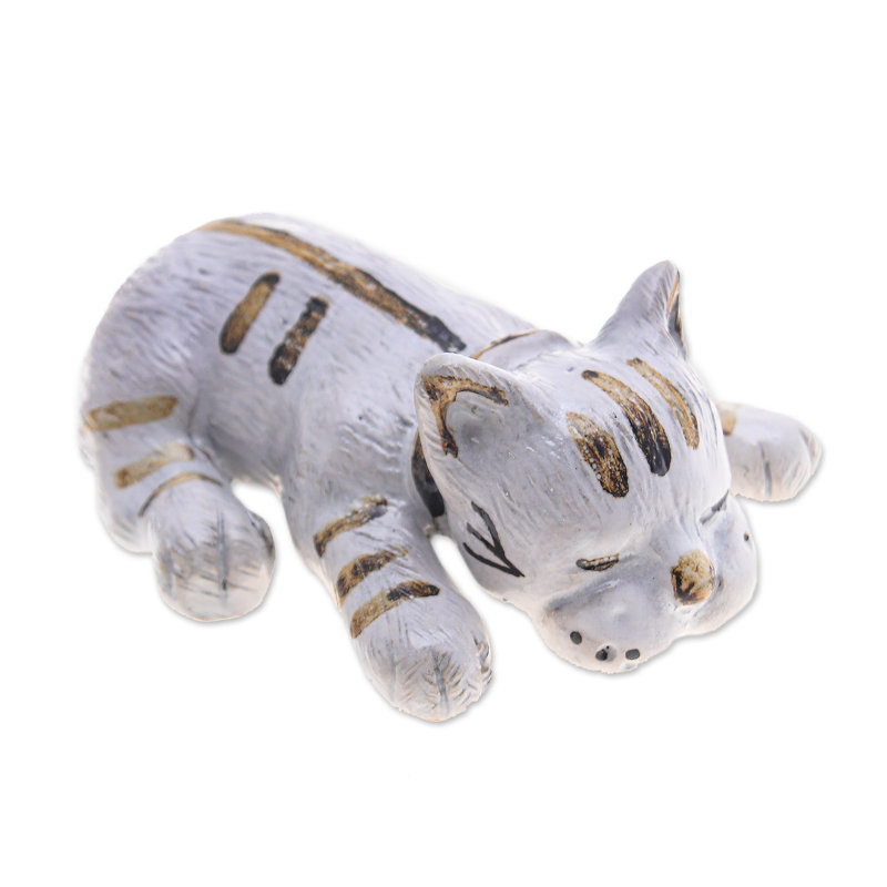 Novica Handmade Feline Nap Ceramic Statuette