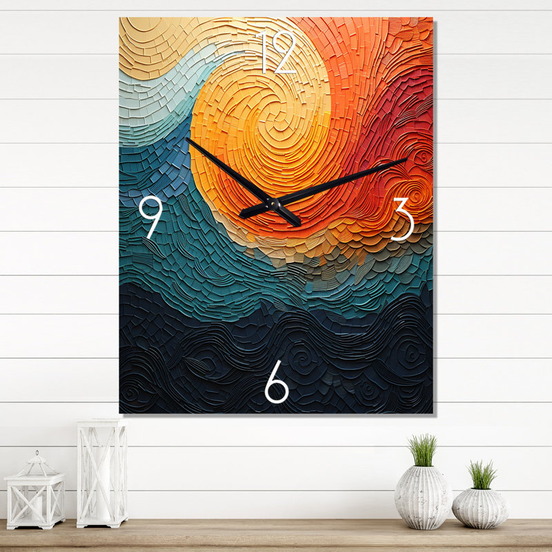 Horloge murale abstraite sarcelle orange Op Art Rhythmic Illusion III, Moyen