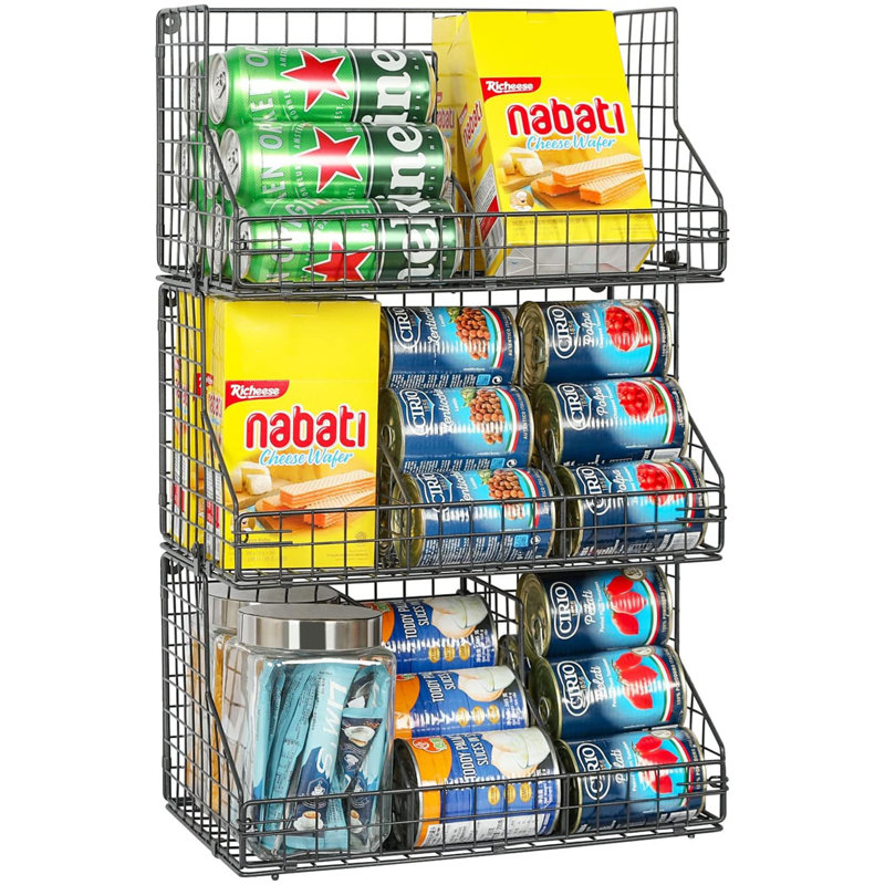 X-cosrack 3-Tier Large Stackable Steel Wire Basket, Multipurpose Food Storage with 5 Removable Dividers, Suitable for Snacks, Spices, Canned Foods, Black