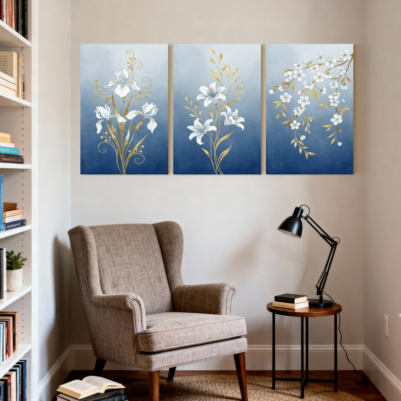 Ensemble de 3 tableaux muraux sur toile à motifs floraux blancs et dorés, pour la décoration du salon et de la chambre.