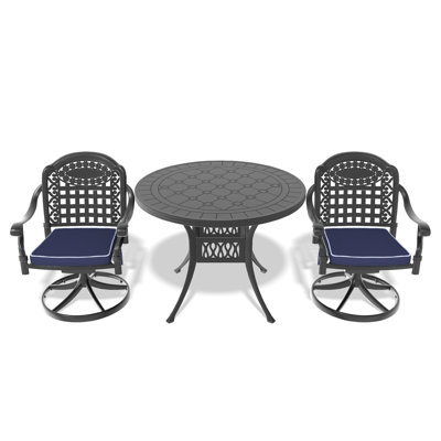 Ensemble de salle à manger 3 pièces en aluminium coulé toutes saisons comprenant 2 chaises pivotantes et une table ronde de 39,37 po avec structure noire