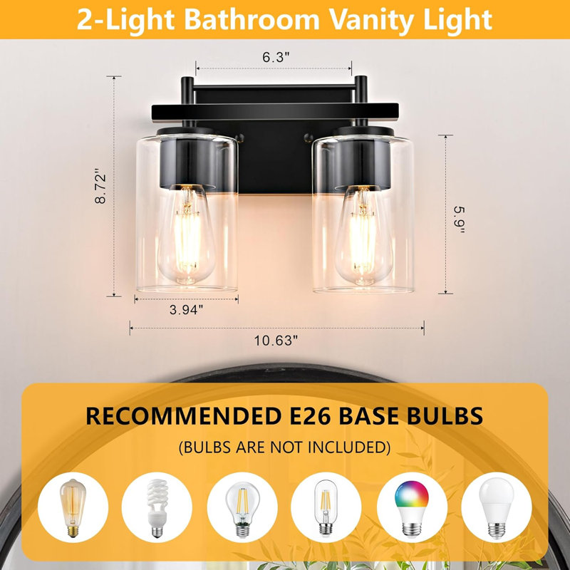 Modern 2-Light Bathroom Vanity Fixture With Clear Glass Shade, Reversible Mounting, E26 Socket, Durable Metal Construction For Versatile Home Lighting