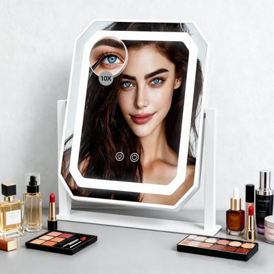 Miroir de maquillage lumineux, 3 couleurs avec miroir grossissant détachable 10x, 12 po x 10 po