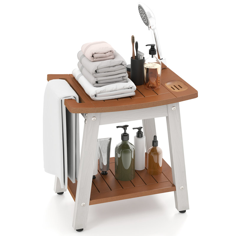 Banc de douche Tabouret de douche avec poignée et porte-savon, Brun / Blanc