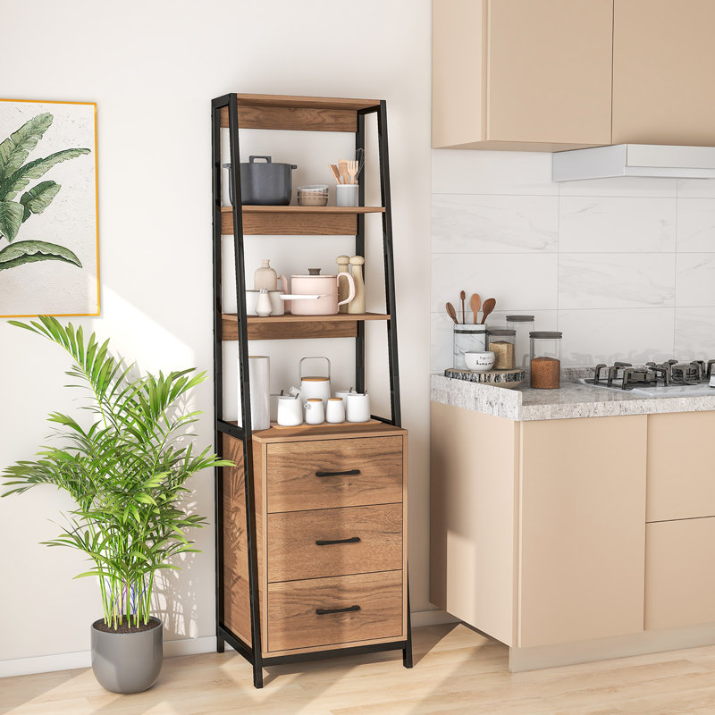 17 Stories Ladder Bookshelf Tall Bookcase W/ 3 Open Shelves Printer Stand 3 Storage Drawers, Natural