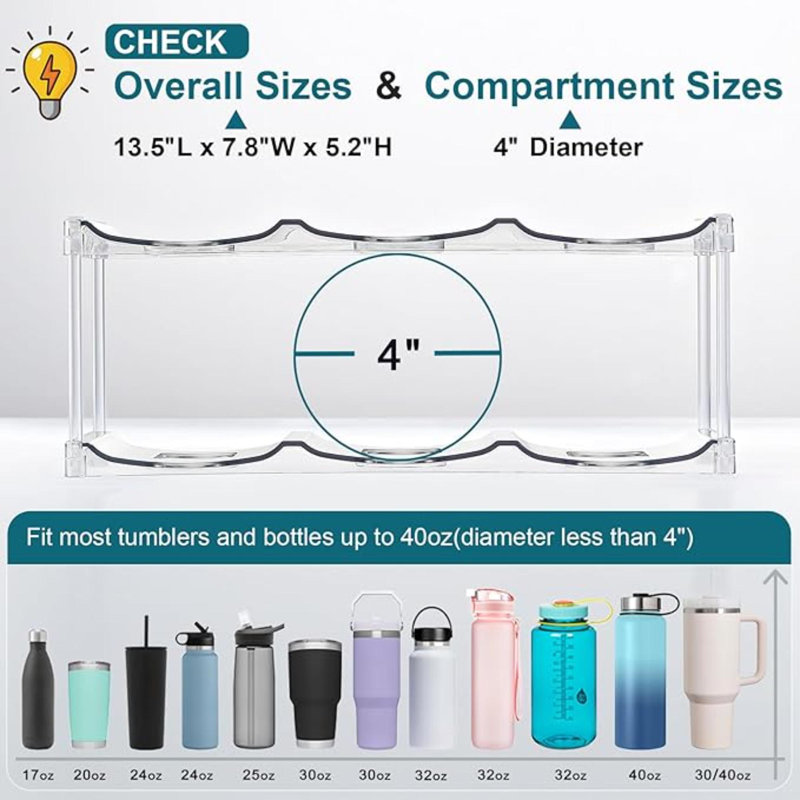 Porte-bouteilles empilable pour rangement de bouteilles d'eau - pour le rangement de grands verres de Stanley & d'autres - porte-bouteilles transparent, porte-bouteilles pour réfrigérateur de comptoir, 4 niveaux