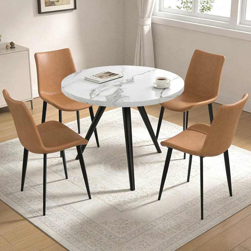 5-Piece Round Dining Table Set, 34.7" Modern Kitchen Table with Dining Chairs, White, Brown